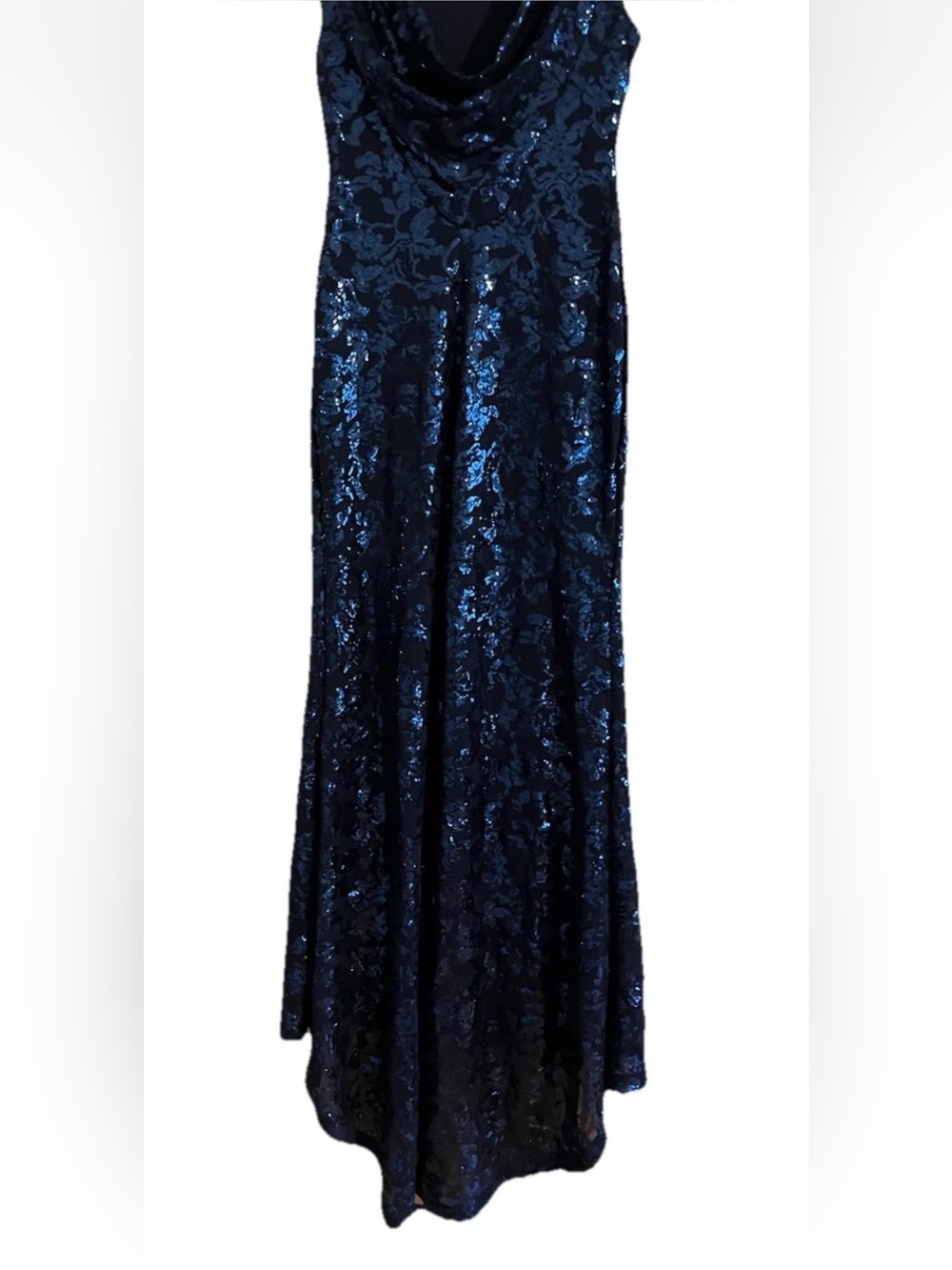 Calvin Klein Draped Back Navy Sequin Evening Gown Size 8 Train Cocktail